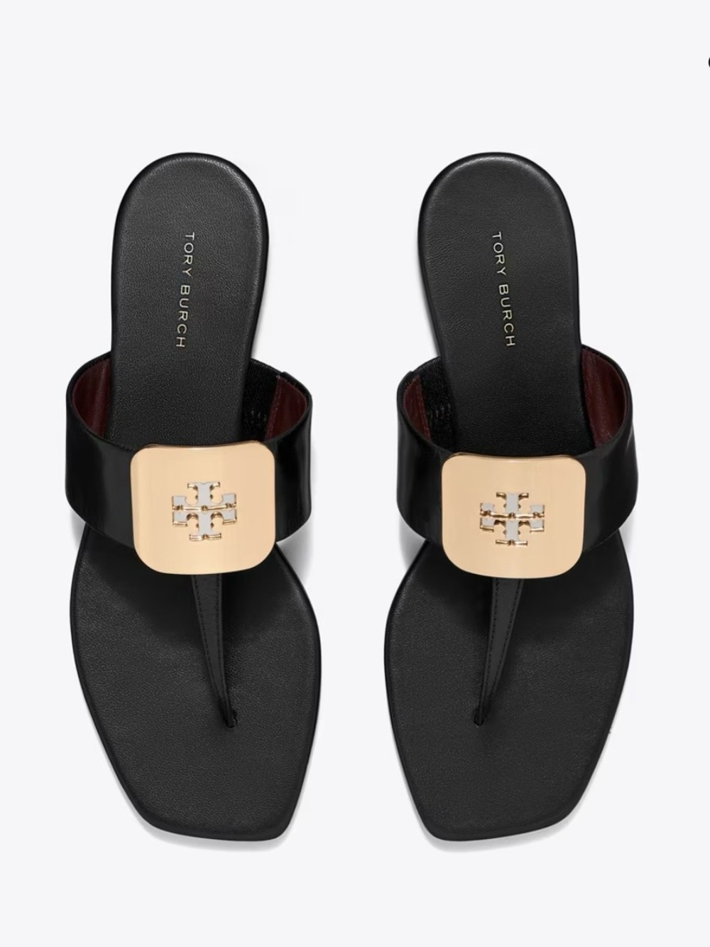 Tory Burch Georgia Black Leather Thong Sandals with Gold Emblem